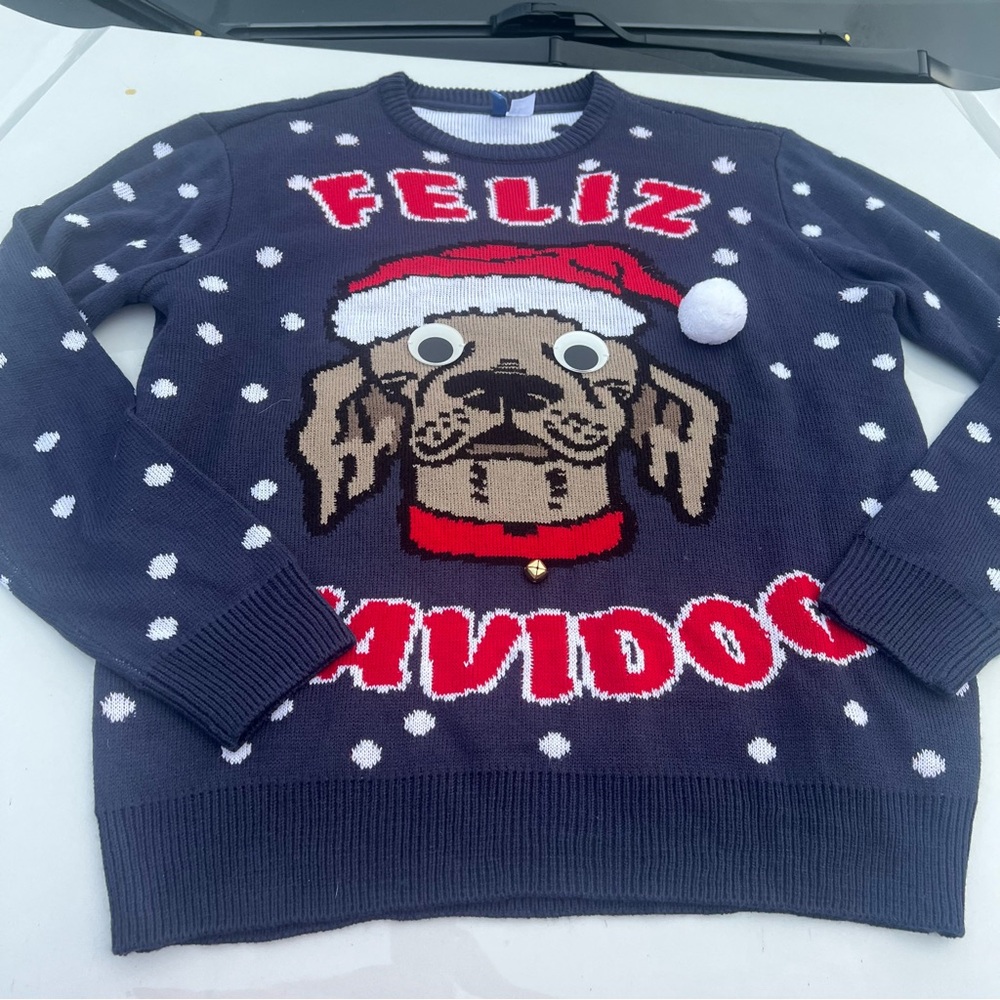 Divided Feliz Navidog Blue/White Dotted Ugly Christmas Sweater Size Medium